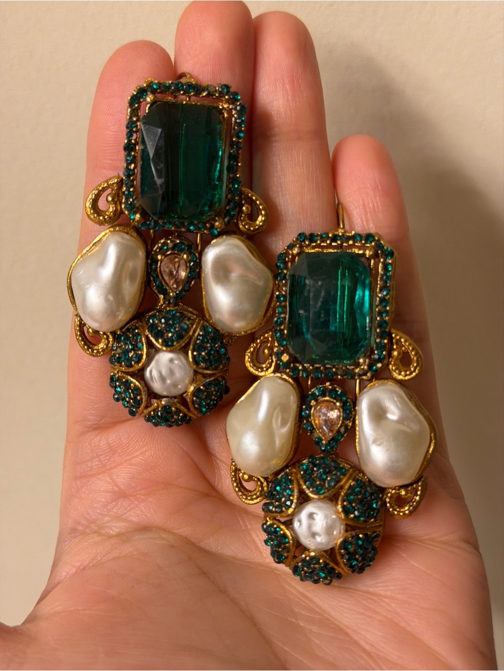 Turkish Gold-Tone Emerald & Pearl Drop Earrings